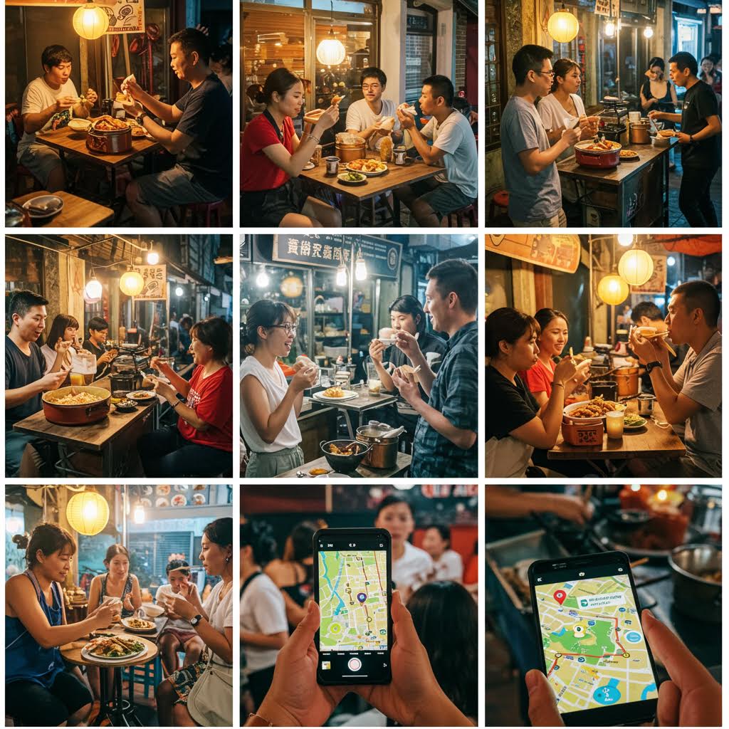 스마트폰 지도 위 맛집을 찾아 함께 식사하며 디지털 속에서 인간적 연결을 만들어내는 온카스터디의 흐름