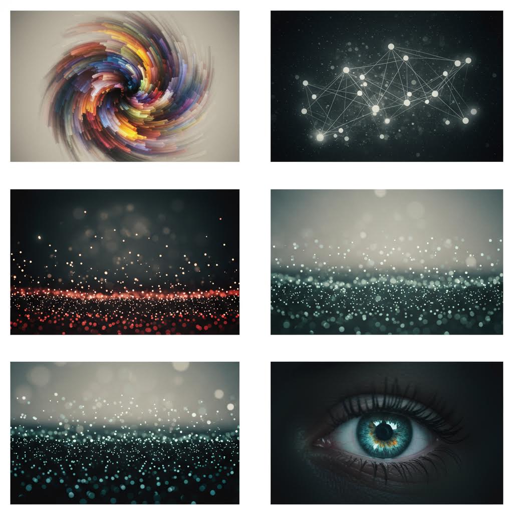 추상적이고 개념적인 이미지들의 6개 콜라주 - 다채로운 소용돌이 페인팅, 어두운 배경의 빛나는 네트워크 노드 연결, 주황색과 청록색 반짝이는 보케 효과 배경들, 청록색 홍채를 가진 눈의 클로즈업