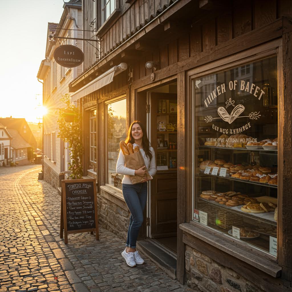 석양이 비치는 골목의 작은 빵집 앞에서 갓 구운 바게트를 안고 미소 짓는 여성, 온카스터디가 소개하는 유럽 감성 베이커리 여행