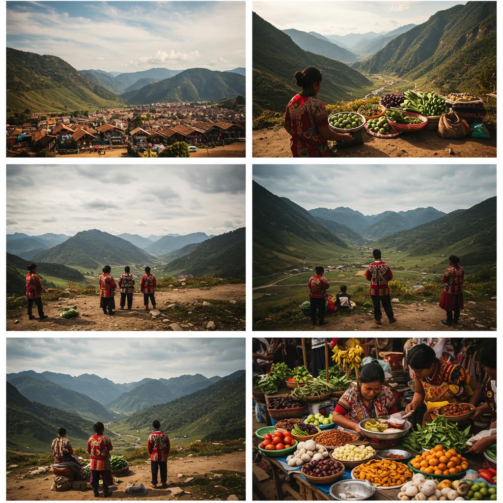 산맥 사이로 펼쳐진 마을 풍경 속에서 전통 옷을 입은 사람들이 시장을 열며 자연과 공존하는 순간