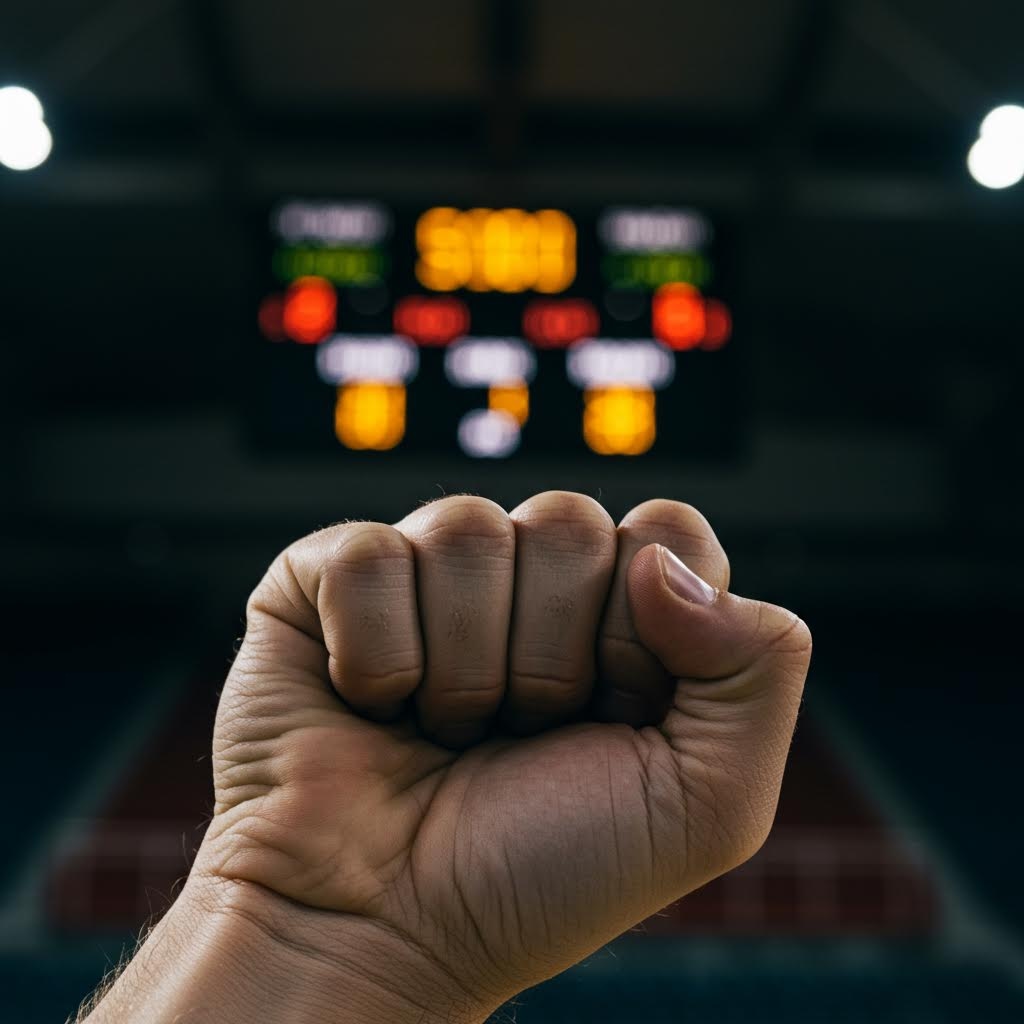 경기장 전광판과 주먹 쥔 손 - 스포츠 경기 승리의 순간, 팬의 열정과 흥분을 표현한 클로즈업 이미지