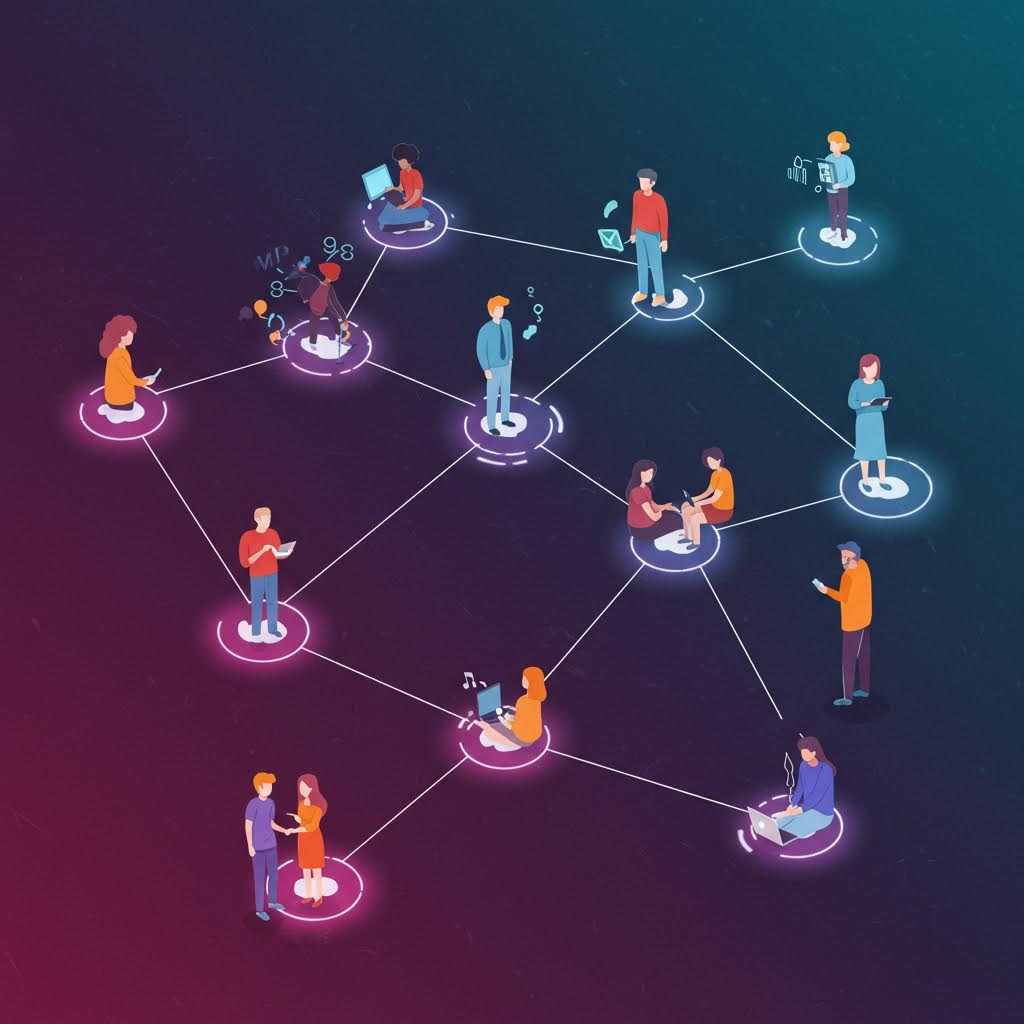 보라색에서 청록색 그라데이션 배경에 빛나는 원 안에 서서 서로 연결된 다양한 사람들의 아이소메트릭 소셜 네트워크 일러스트