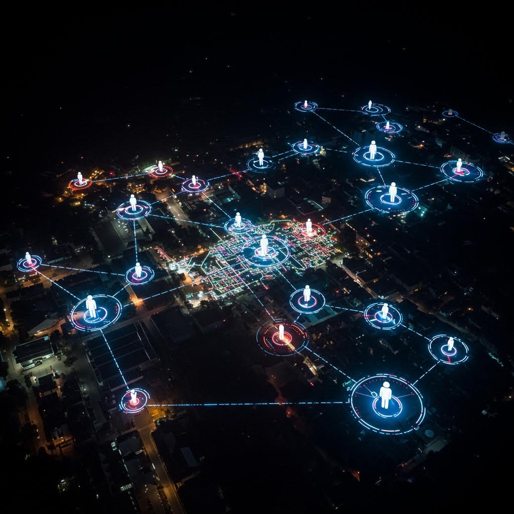 파란색과 빨간색 원으로 표시된 사람들 사이의 연결된 네트워크를 보여주는 야간 도시의 조감도