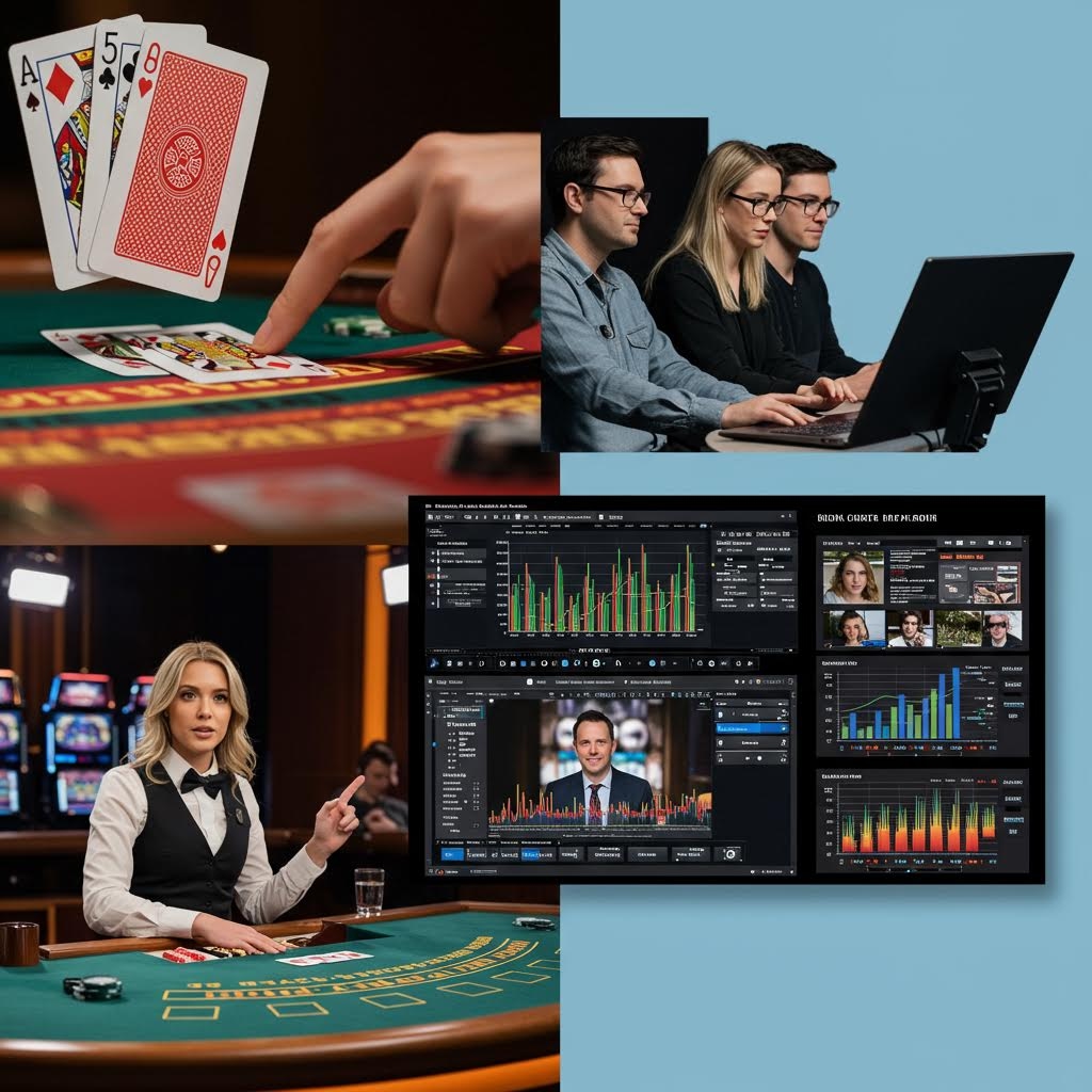 온라인 카지노 및 라이브 방송 콜라주 - 카드 게임, 딜러, 데이터 분석 화면, 노트북 작업하는 팀 이미지