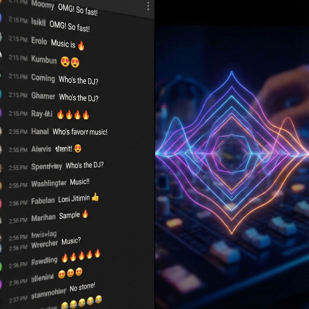 화면이 양분되어 왼쪽엔 빠르게 흐르는 실시간 채팅, 오른쪽엔 방송의 에너지에 맞춰 펄스하는 리듬 시각화