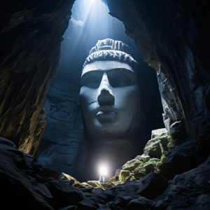 어둠 속 원시 동굴에서 거대한 대리석 조각상이 드러나고 있으며, 한 줄기 빛이 아직 거친 돌 표면의 얼굴을 비추고 있습니다.