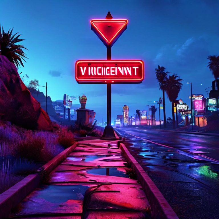 네온 불빛이 반짝이는 번화가에서 깔끔한 정책 지표판 쪽으로 방향을 바꾸는 길목 표지판이 세워져 있습니다.