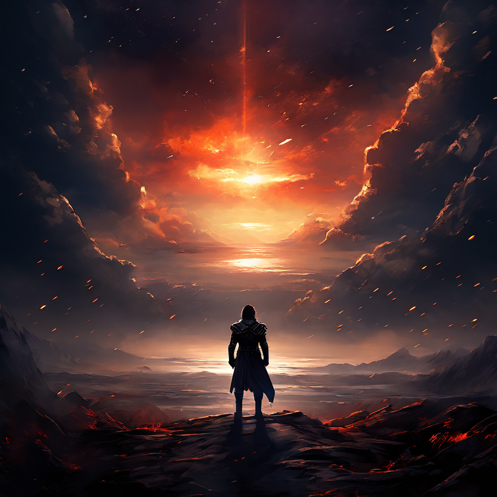 피로한 한 영웅이 황량한 평원 위에 서 있고, 그 앞에서 영광의 전장을 담은 찬란한 신기루가 위험하게 일그러지며 깨져가는 모습이다.