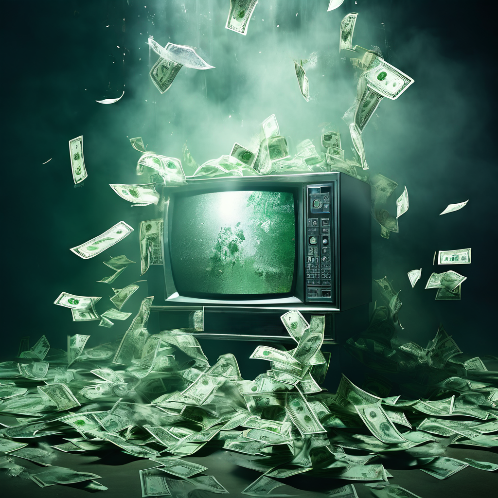 텔레비전 화면과 현실의 지폐가 금빛 안개 속에서 흐릿하게 섞여 흐르는 초현실적인 장면이다.