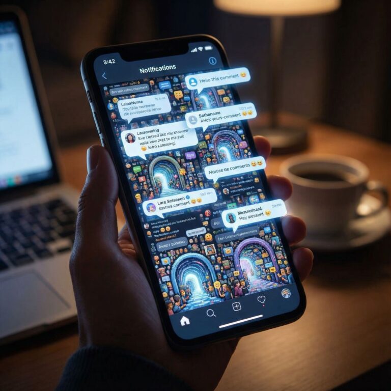 스마트폰 화면에 끝없이 중첩된 알림이 푸른 빛을 내며 각각이 활기차고 혼란스러운 온라인 공간으로 이어집니다.