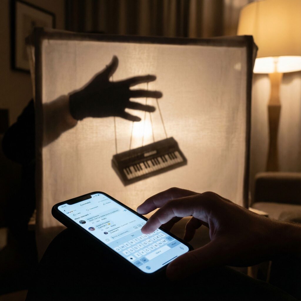 화면에 댓글을 입력하는 손과, 뒤에서 키보드 줄을 조종하는 그림자 손의 모습이다.