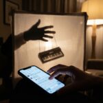 화면에 댓글을 입력하는 손과, 뒤에서 키보드 줄을 조종하는 그림자 손의 모습이다.