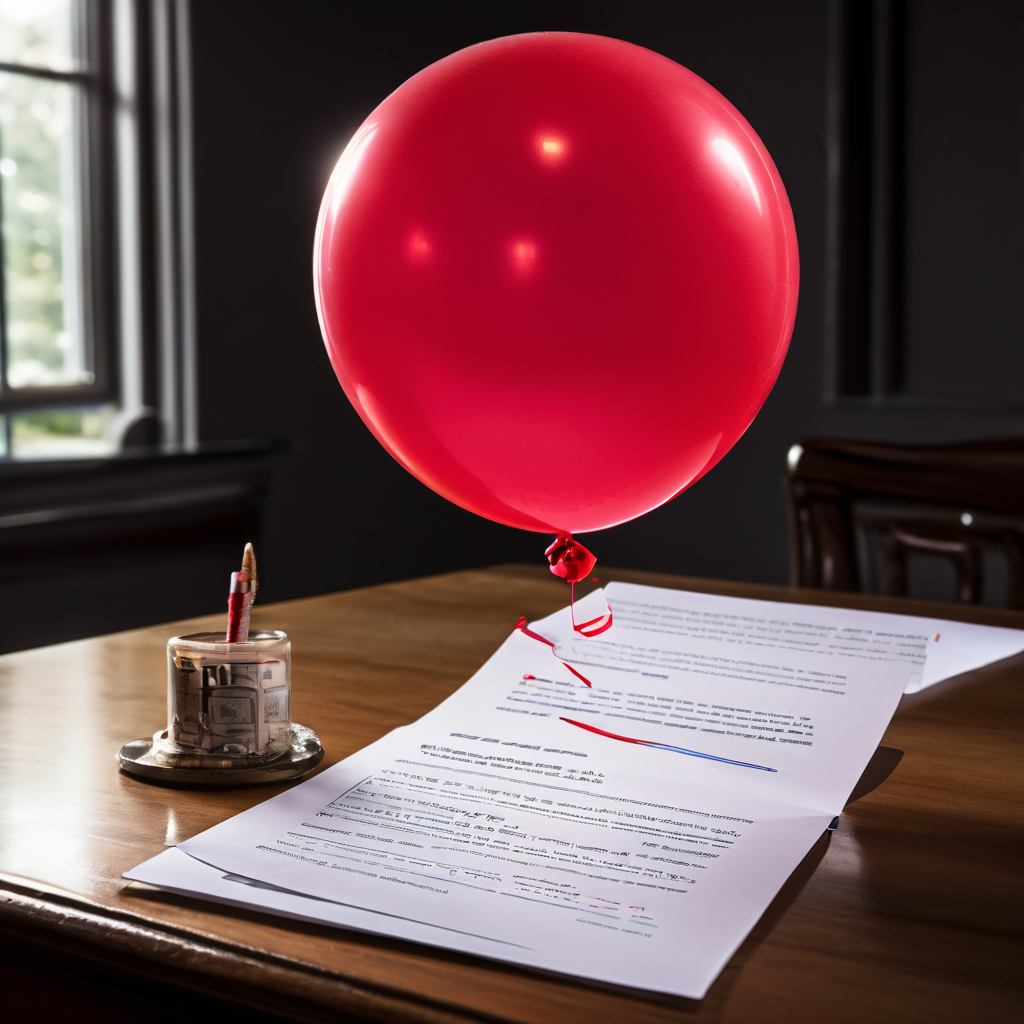 붉은 풍선이 금지 도장이 찍힌 공문서에서 떠오르며 부풀어 오르는 모습이다.