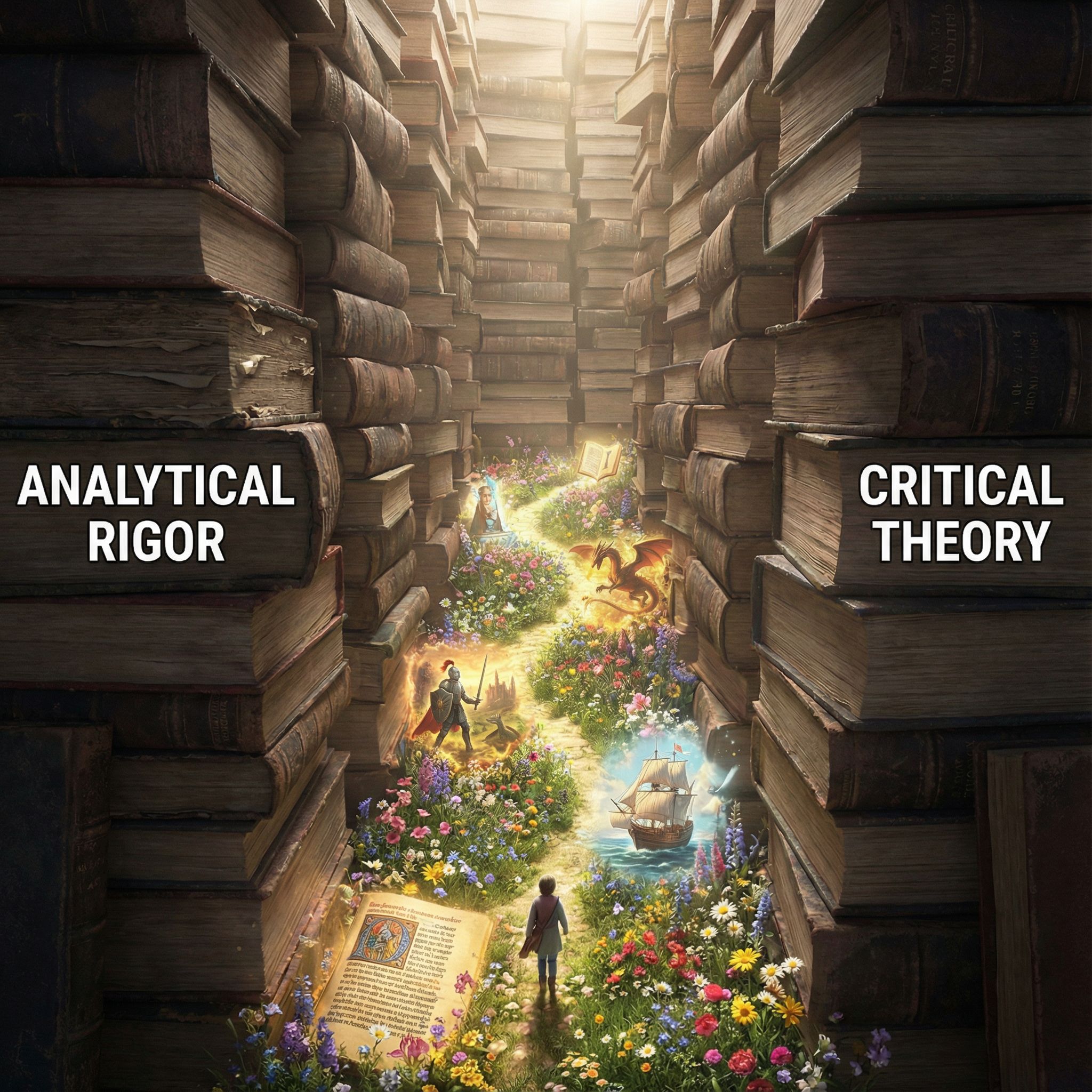 마주한 두 개의 높은 책장 사이 좁은 틈에서 생생한 이야기 길이 피어오르고 있습니다.