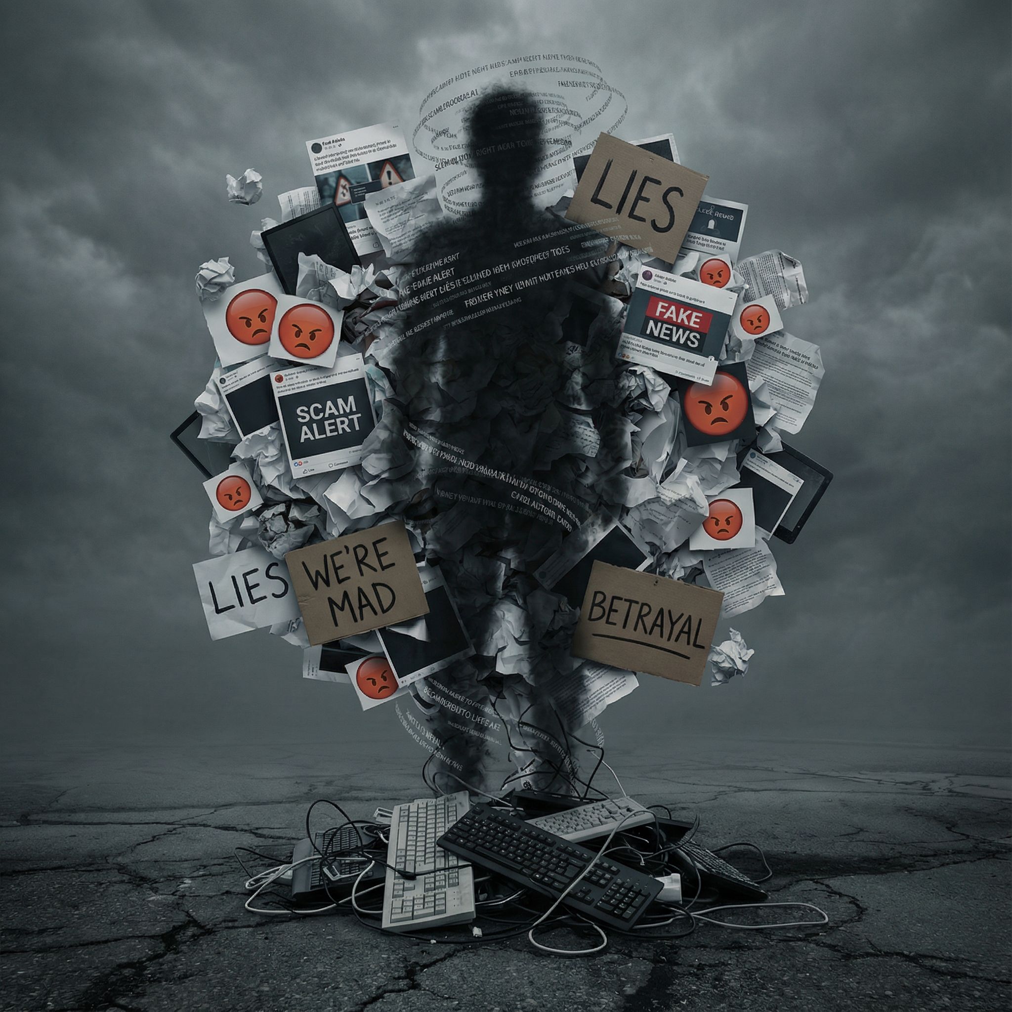 사기성 온라인 게시물과 분노한 댓글들이 모여 거대한 짙은 그림자의 집단적 분노를 형성하는 모습이다.