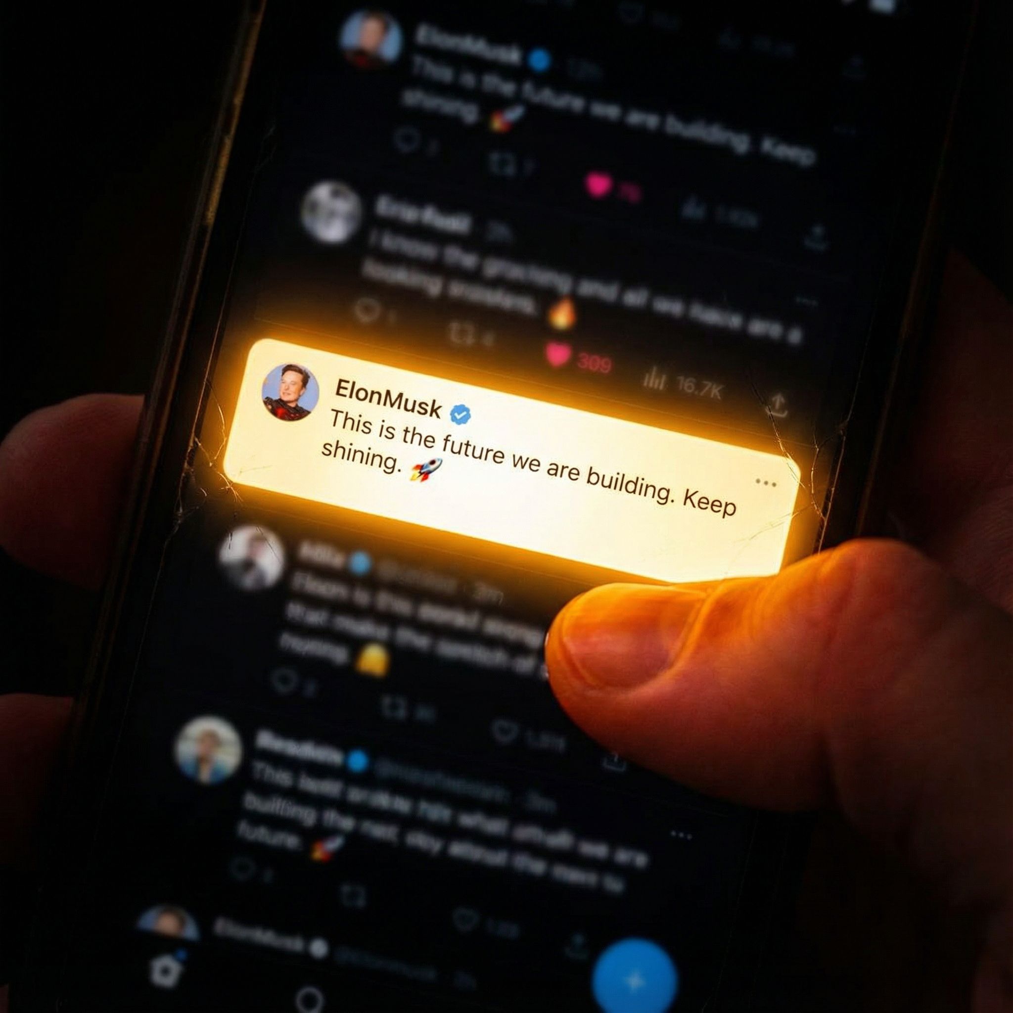 어두운 소셜 미디어 화면을 배경으로 유명 사용자 계정의 빛나는 댓글이 강렬하게 빛나며 두드러지는 모습이다.