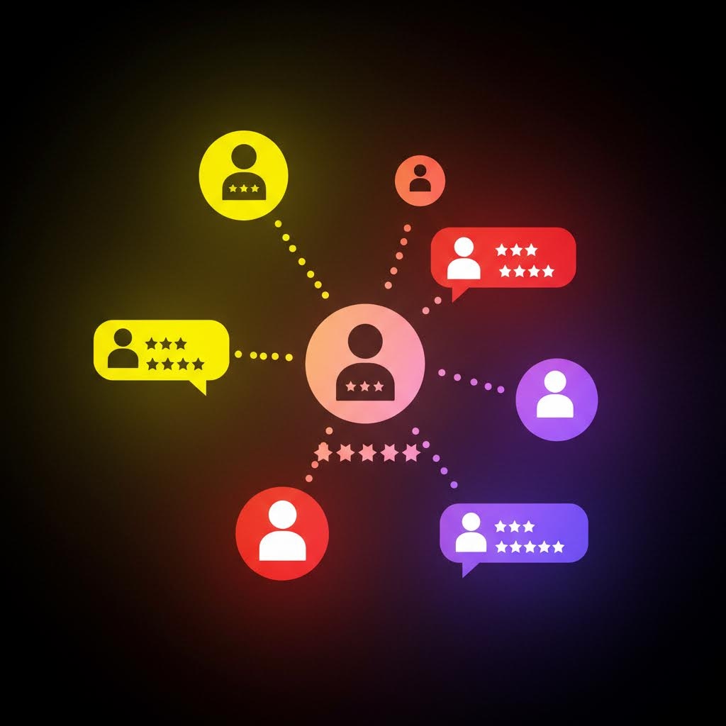 여러 이용자 아이콘과 별점 말풍선이 연결된 사용자 평가 네트워크 시각화