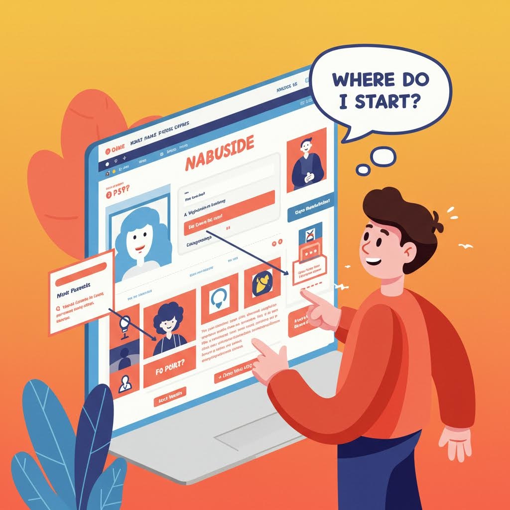 웹사이트 프로필 화면을 보고 어디서 시작해야 할지 고민하는 사용자의 일러스트