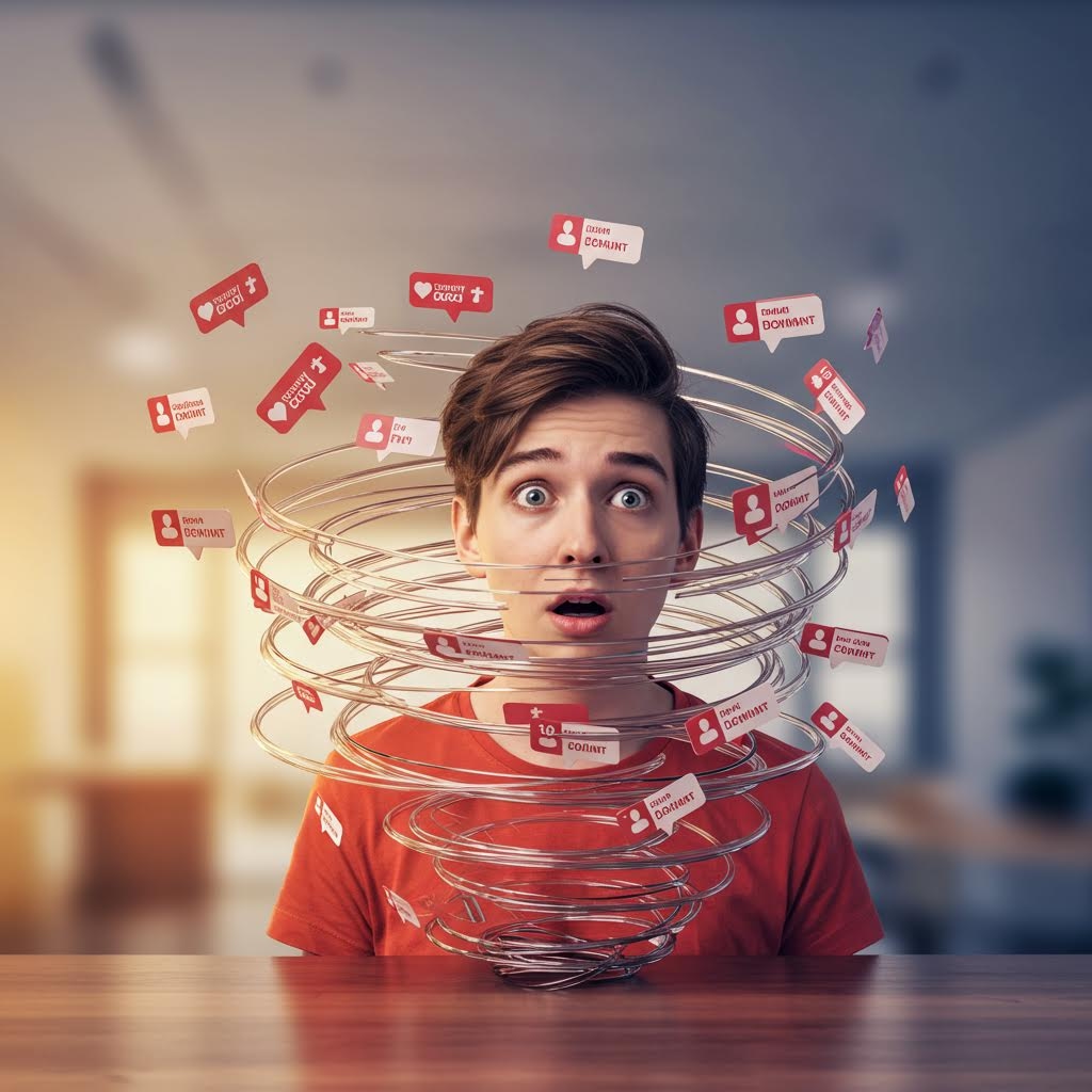 수많은 소셜 알림 아이콘이 소용돌이처럼 떠 있어 당황하는 사람의 모습