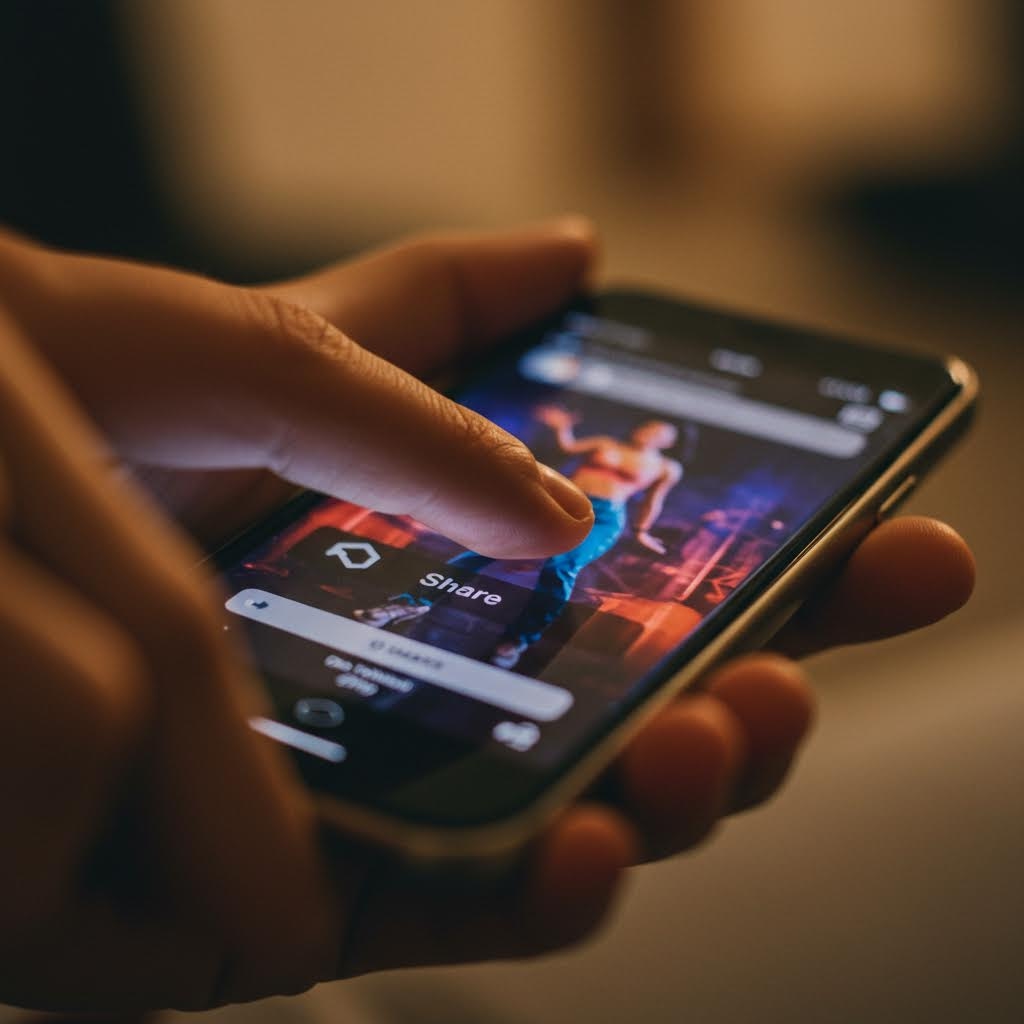 스마트폰 화면을 터치하며 콘텐츠 공유 버튼을 누르는 손을 클로즈업으로 담은 이미지