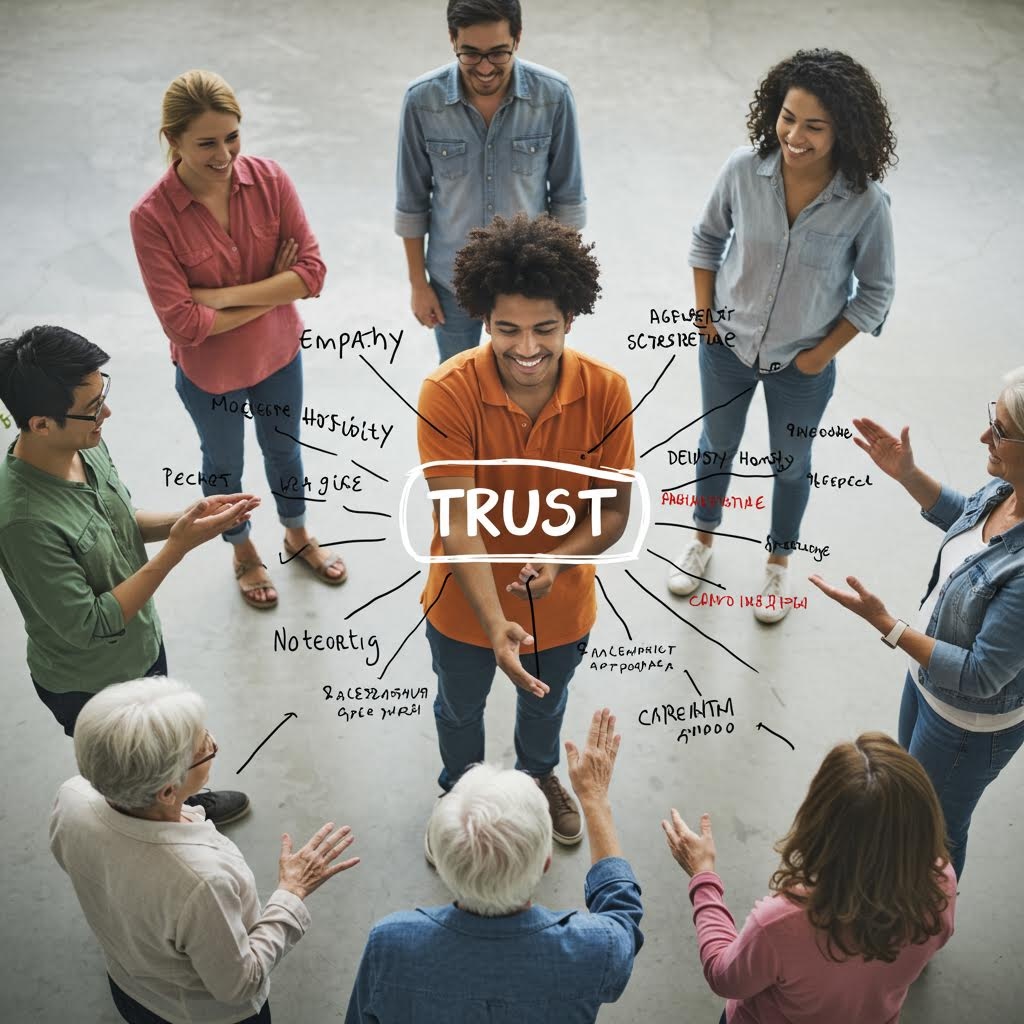 원형으로 모인 사람들이 ‘신뢰(TRUST)’ 개념을 중심으로 의견을 나누는 장면