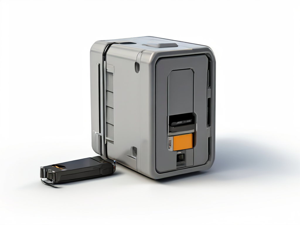 Gray portable hard drive and stacked blank data blocks on a matte surface, small capacity gauge beside them.