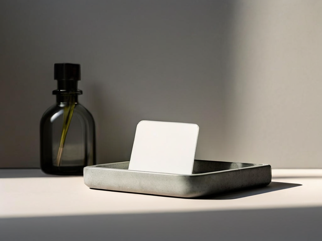A small silver pin icon rests on a blank white card inside a clear acrylic tray on a stone counter.